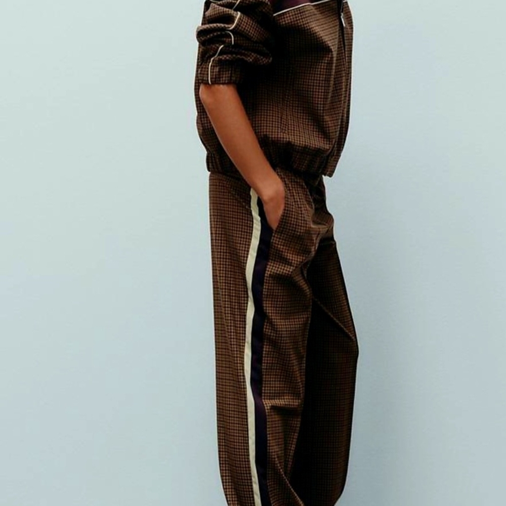 Zara set - Brown and Burgundy Checkered Bomber jacket and marching pant